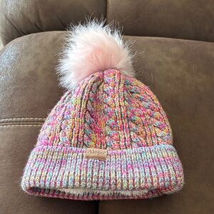 Kids Rainbow Knit Beanie with Pink Pom